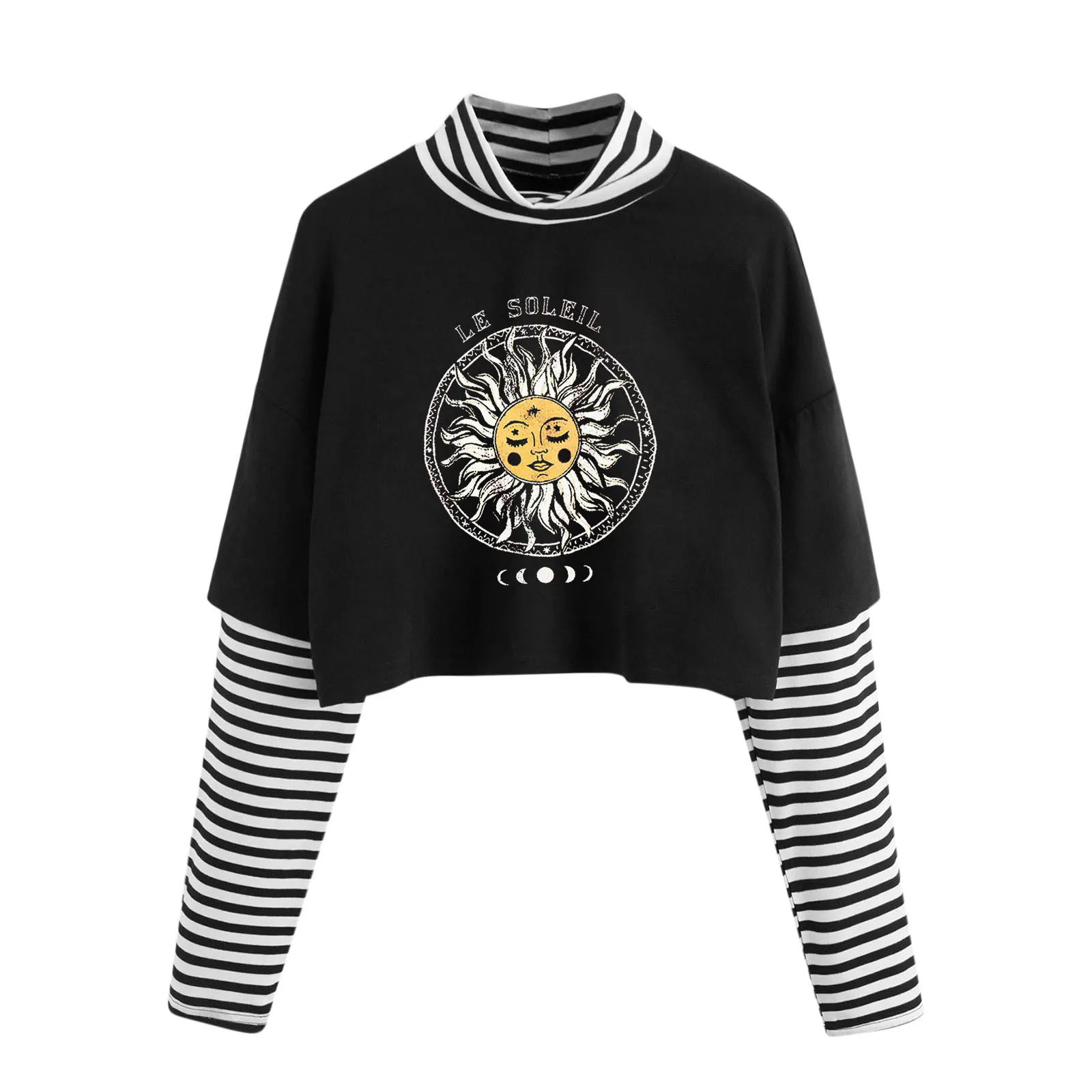 

Винтажный Готический укороченный топ, модная женская футболка в полоску с принтом Солнца и Луны, женский весенний Свободный Топ с высоким в...