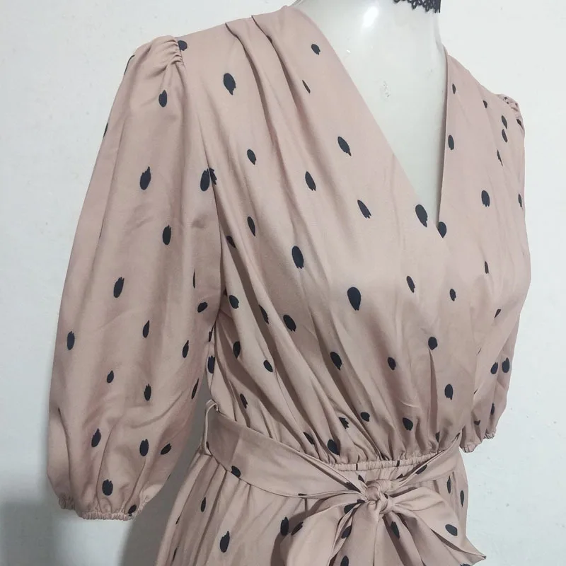 

2021 Summer Polka Dot Dress Foe Women Flower Puff Sleeve Evening Dress V-neck High Waist Lace Slit Mid-length Dress