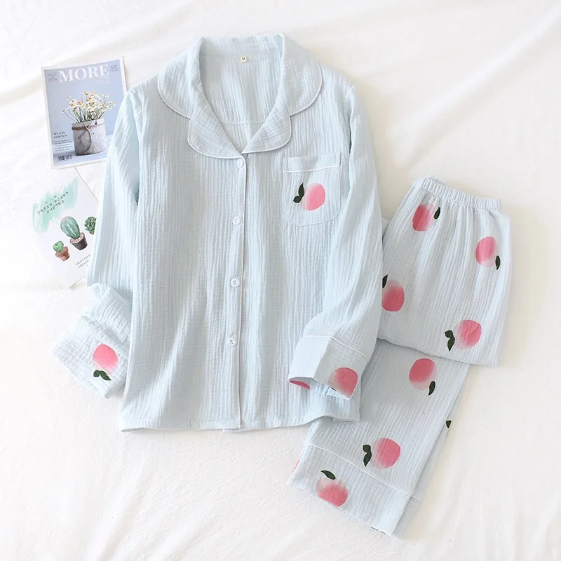 light blue peach Весенний женский пижамный комплект с принтом в виде сердца, двухслойная газовая пижама с длинными рукавами и отложным воротником, брюки, домашняя одежда - Цвет: light blue peach