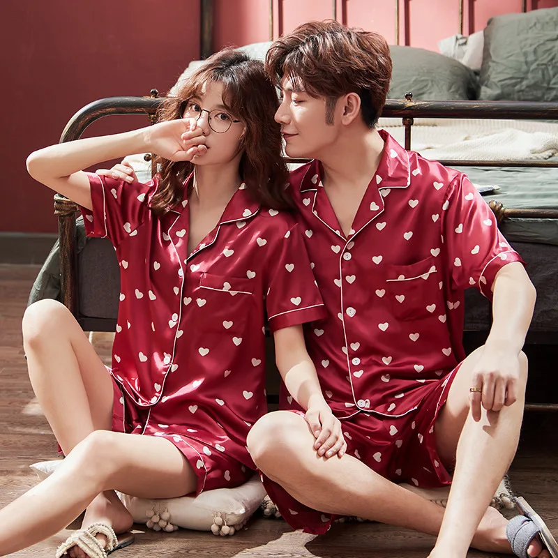 

Adults Couple Pajamas Summer Short-sleeved 2 Pieces Silk Stain Pajamas Set Female Cartoon Sleepwear Women Men Home Clothes Suit