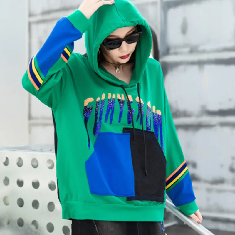 

#2210 Harajuku Spring Sweatshirts Girls Large Size Long Sleeve Hooded Letter Printed Cotton Sweatshirt Women Streetwear Hip Hop