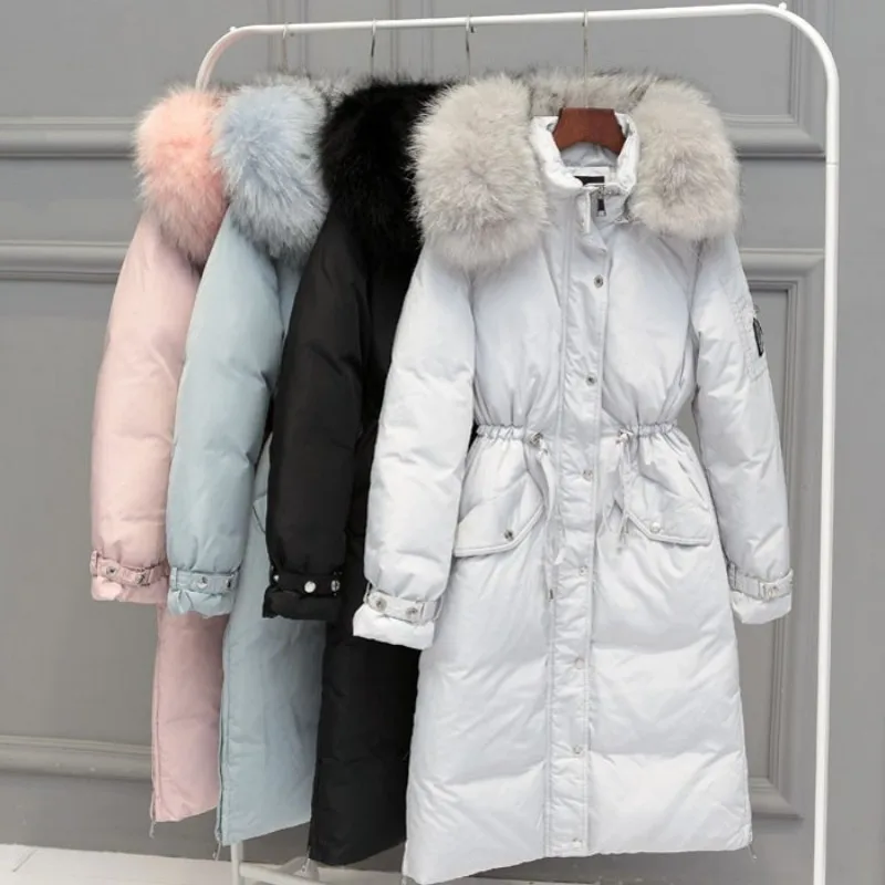 Модное женское зимнее пальто утепленная длинная куртка на белом утином пуху