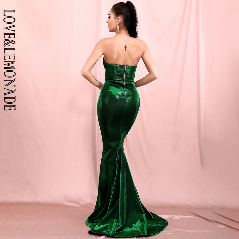 

LOVE&LEMONADE Sexy Emerald Green Tube Top Bodycon Reflective Material Party Tail Maxi Dress LM82506
