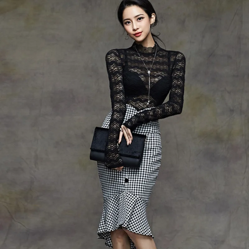 

2020 New Slim Black Lace Pullover and Houndstooth Trumpet Wrap Skirt Ladies Modis Brand Designer Runway Two Piece Set for Women