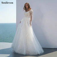 smileven ivory shiny glitter beach wedding dresses long sleeve sexy v neck appliqued lace bridal dress vestido de novia 2021