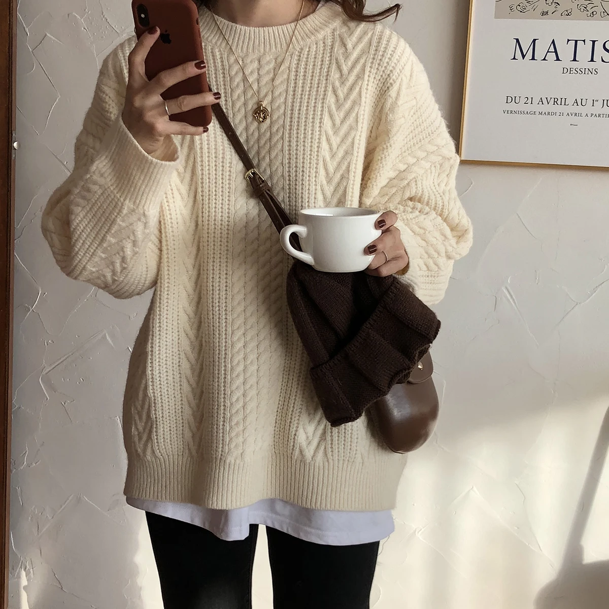 

HziriP Thick Warm Sweaters Women 2021 New Long Sleeve Knitted Pullovers Loose Twist Jumper O-neck Christmas Red Sweater Female