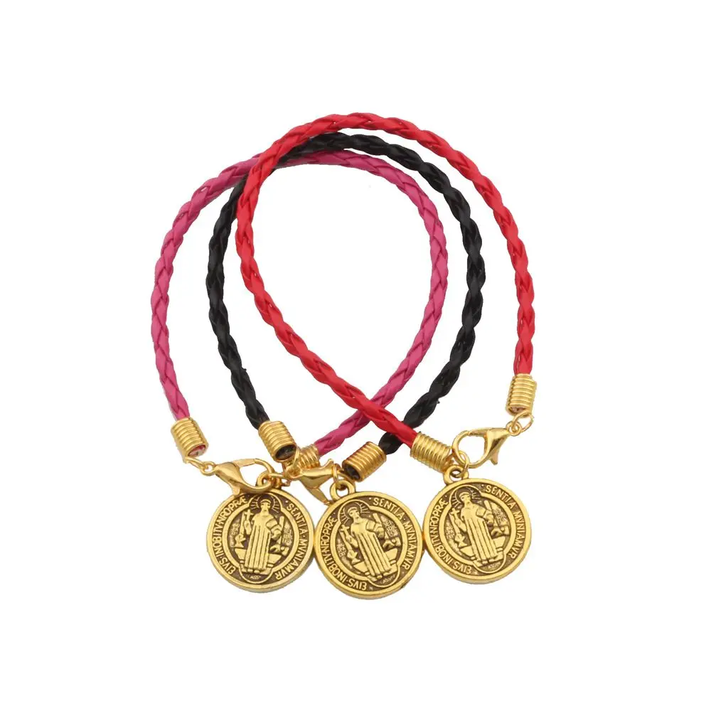 50 шт. кожаный браслет античное золото медаль покровителя святого Иисуса