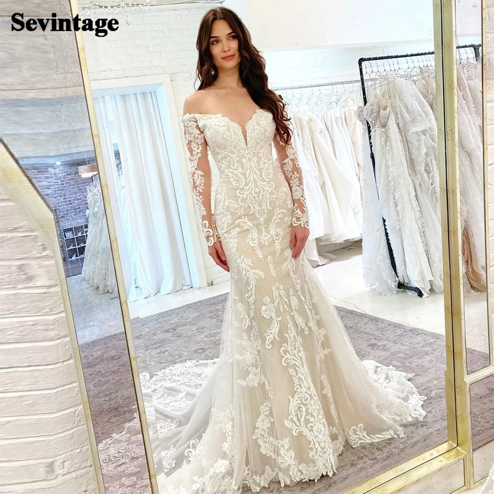 

Sevintage Luxury Mermaid Wedding Dresses with Removable Train Lace Appliques V-Neck Wedding Gown Long Sleeves Bridal Dress