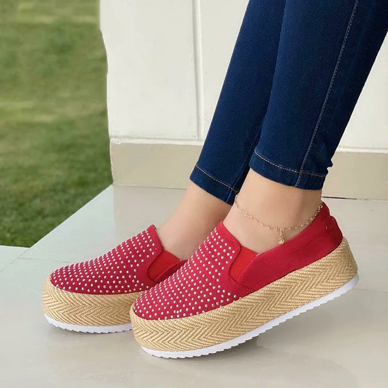 Women's Flat Shoes Thick Bottom Crystal Slip On Solid Female Sneakers Shallow Light Leisure Comfort Ladies Vulcanized Shoes New