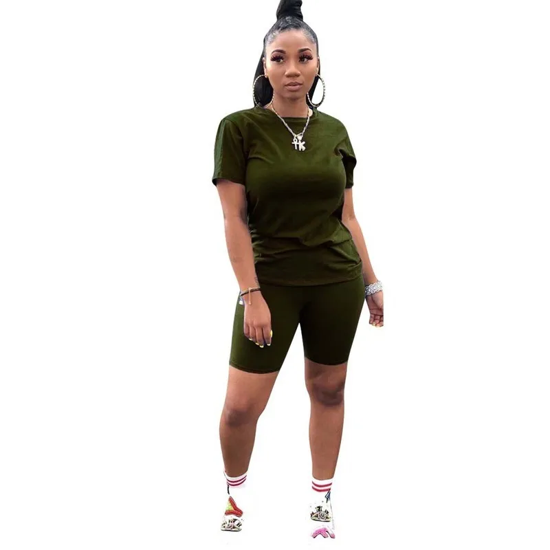 

2021 Neon Green Women Two Piece Set Summer Tracksuit O-Neck Short Sleeve Top Biker Short Sweatsuit Casual 2 Piece Matching Sets