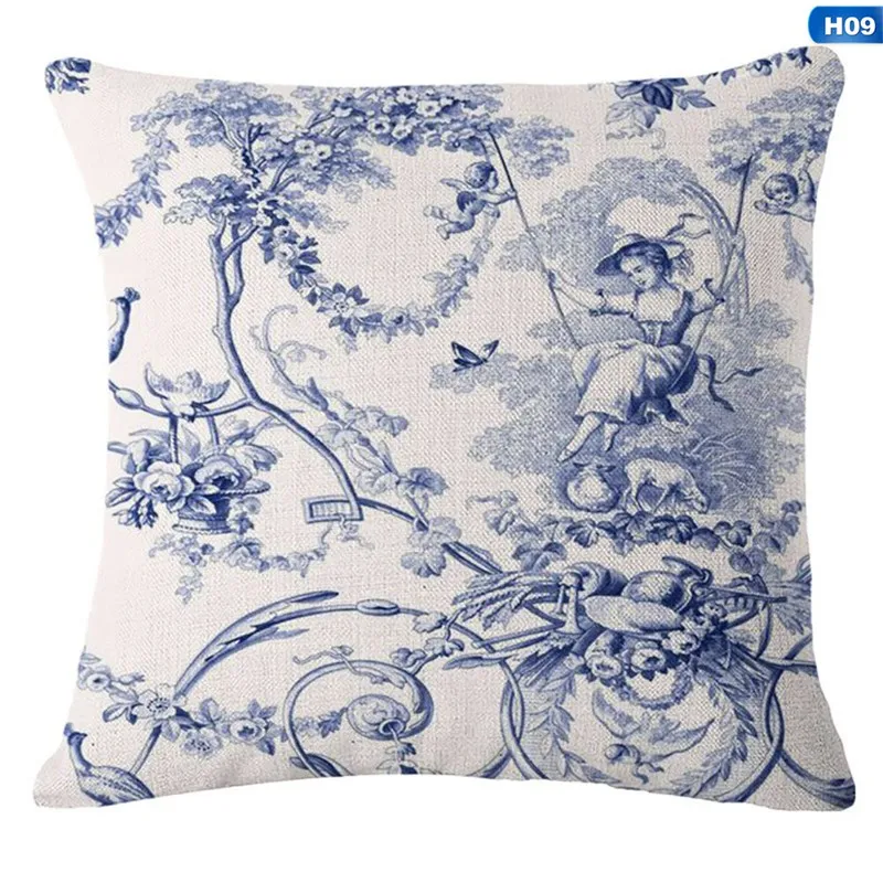 Накидки на подушки сине белые набивная льняная Наволочка подушку Высокое