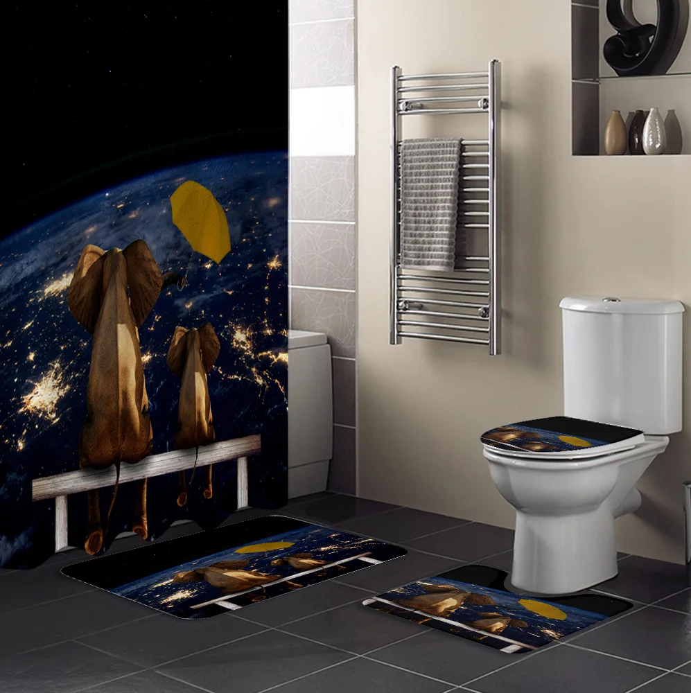 Elephant Watching The Earth Umbrella Shower Curtain Bathroom Waterproof Decor and Rug Sets | Дом и сад