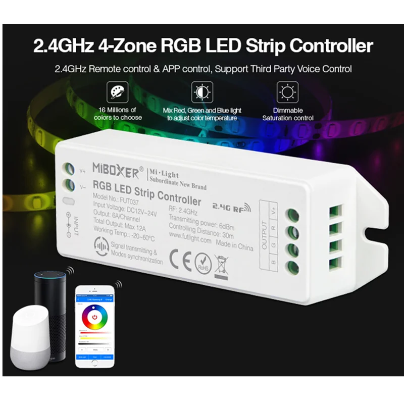 FUT037 (Upgraded)  Miboxer 2.4GHz 4-Zone Color Temperature RGB LED Strip Controller DC12V~24V dimmable led driver Voice control