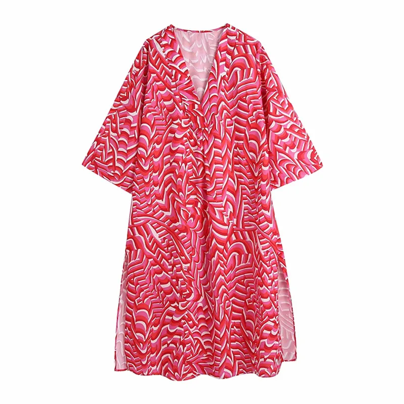 

Женская одежда ZA Новинка Лето 2021 Женская одежда с геометрическим принтом Свободная Повседневная Длинная рубашка с V-образным вырезом и разр...