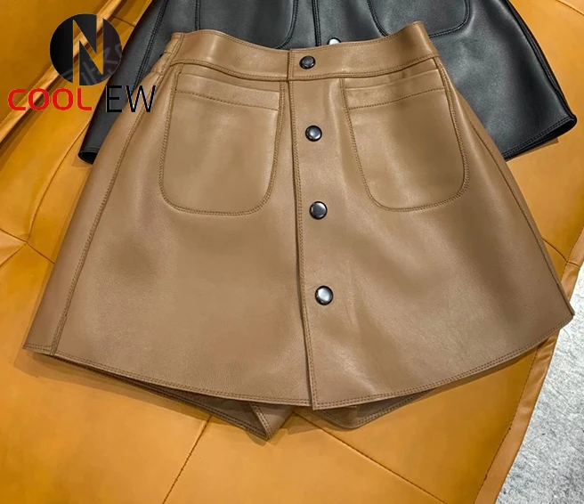 

Short mini skirts womens 2021 korean fashion genuine leather skirts ladies pocket elastic waist A line women skirt