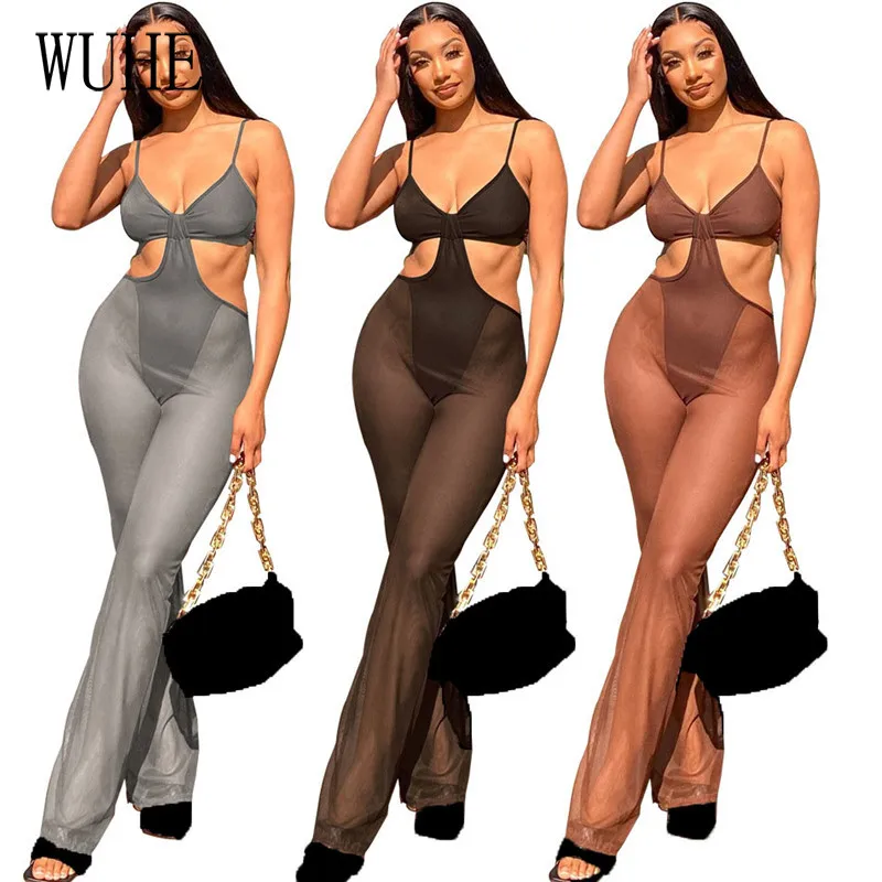 

WUHE Mesh See Through Jumpsuits Spaghetti Strap Hollow Out Package Hip Sleeveless Off Shoulder Nightclub Casual Club Overalls