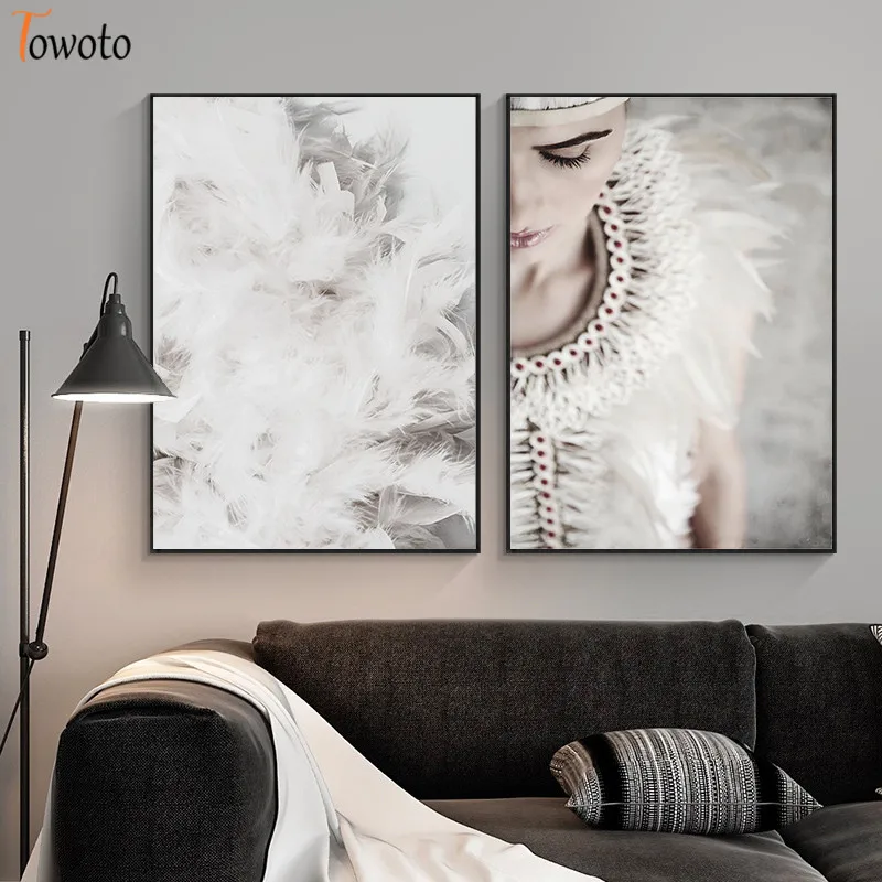 Абстрактная настенная живопись современный плакат печать женщина белое перо