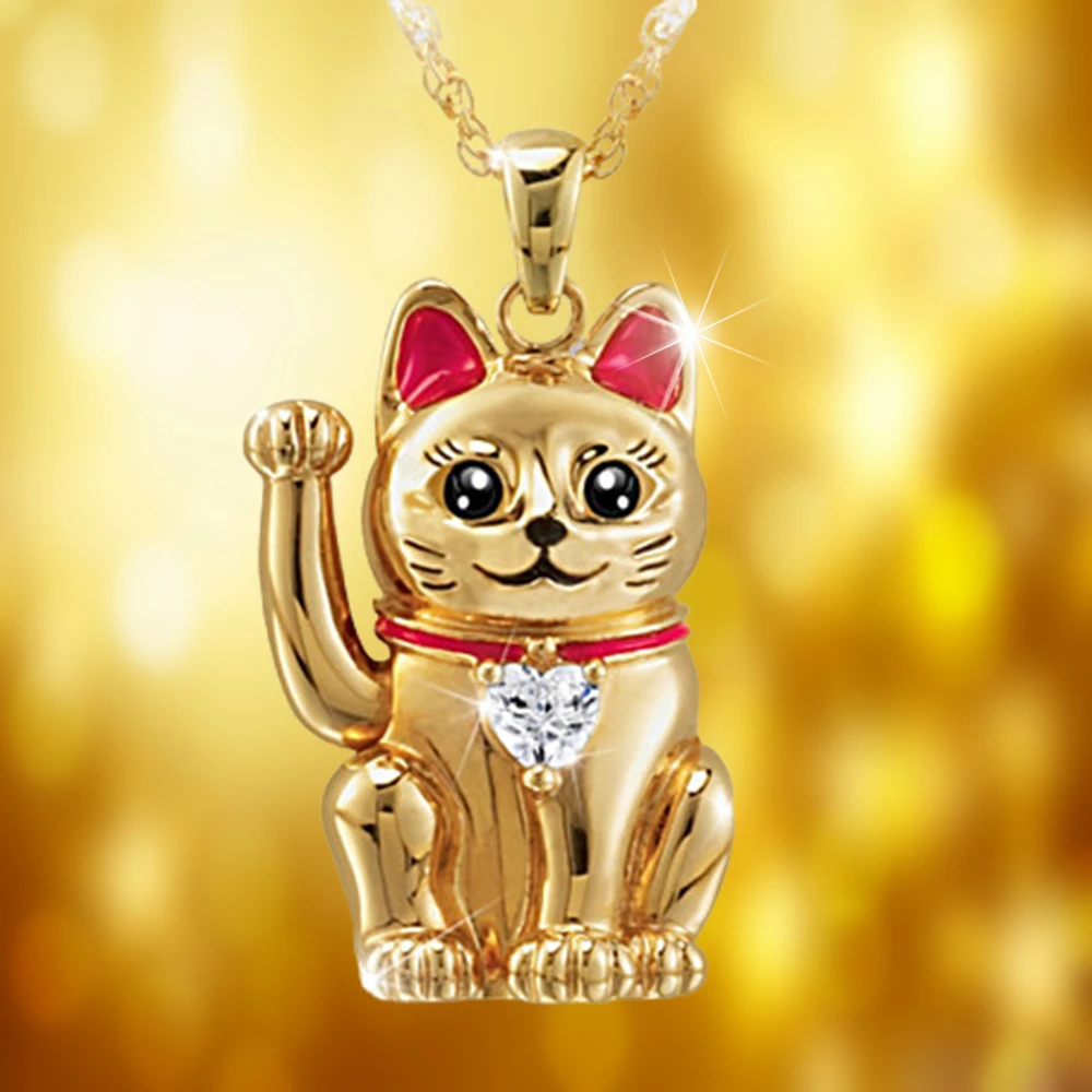 

Golden Lucky Cat Pendant Cute Cat Heart Crystal Necklace High Quality Women Necklace Couple Exquisite Jewelry Chain Party Gifts