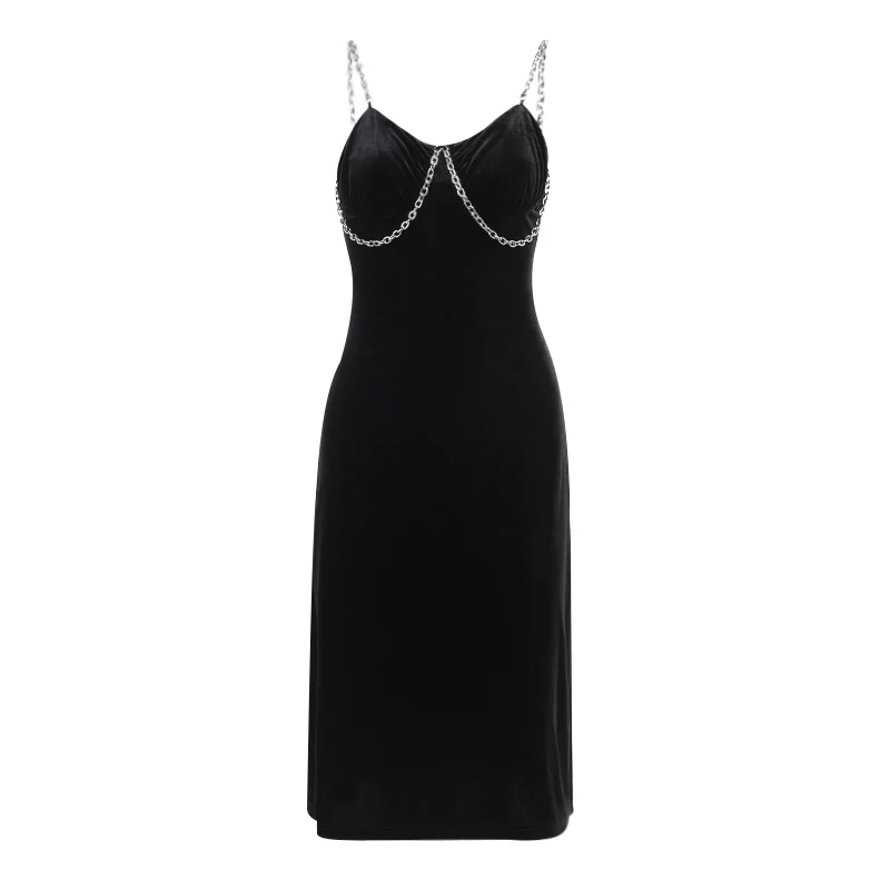 

InsDoit Goth Punk Y2K Metal Chain Dress Women Sexy Black Backless High Waist Dresses Streetwear Elegant Split Party Midi Dress
