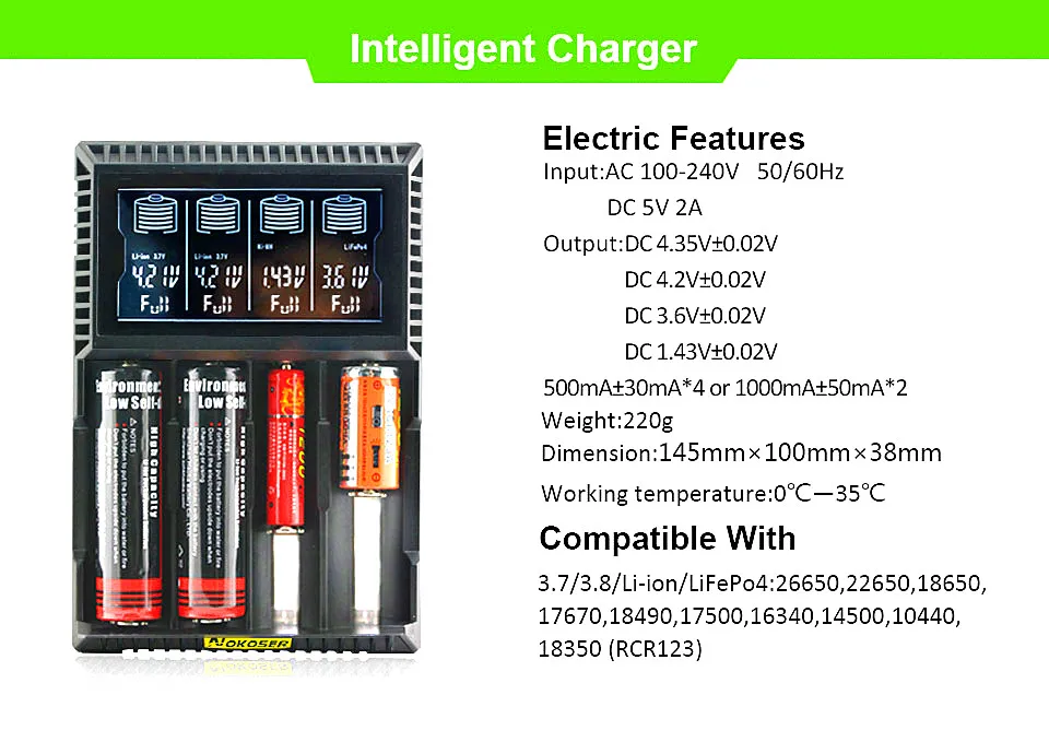 Оригинальный 4 слота ЖК дисплей Смарт зарядное устройство для iFePO4 NiMH NiCd AA/AAA Li Ion