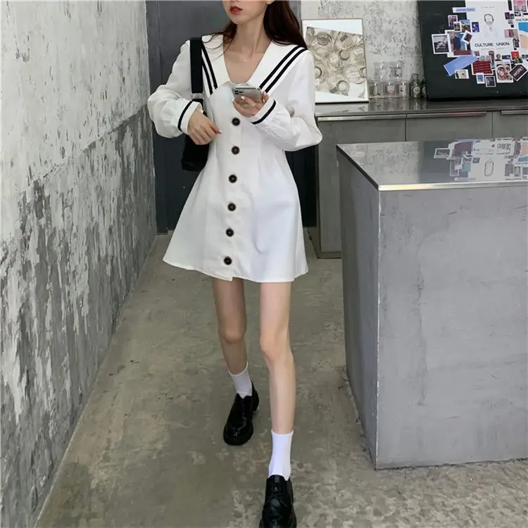 

Academy style Korean Navy collar single breasted dress for women summer 2020