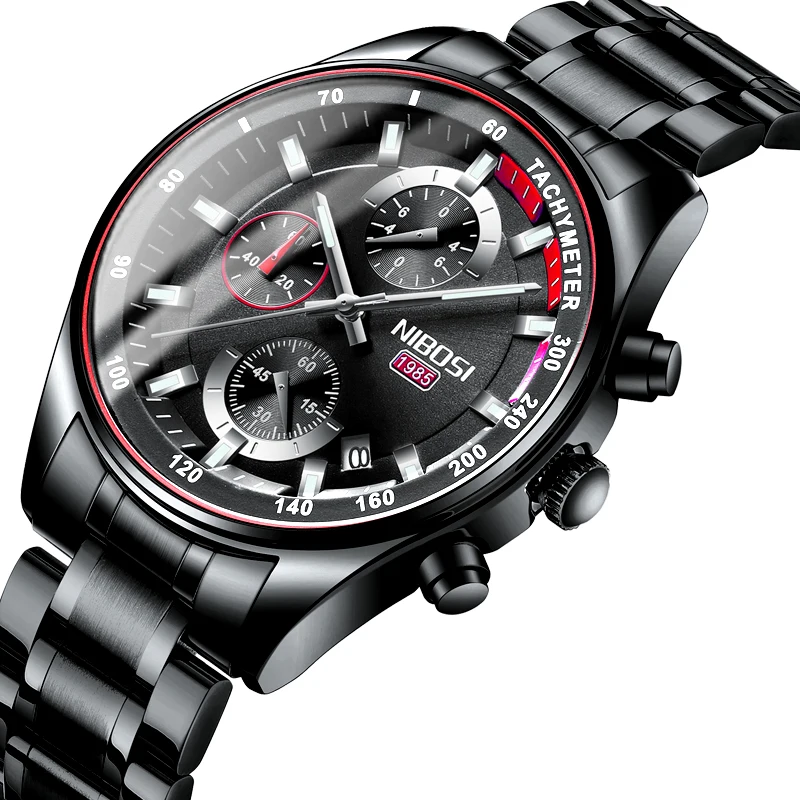 Часы NIBOSI 2020 мужские черные спортивные водонепроницаемые из нержавеющей