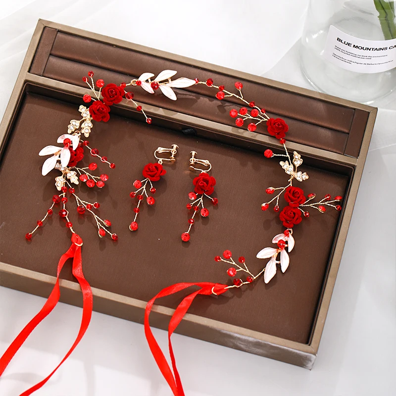 Женский ободок для волос с красными розами набор сережек ручной работы украшения