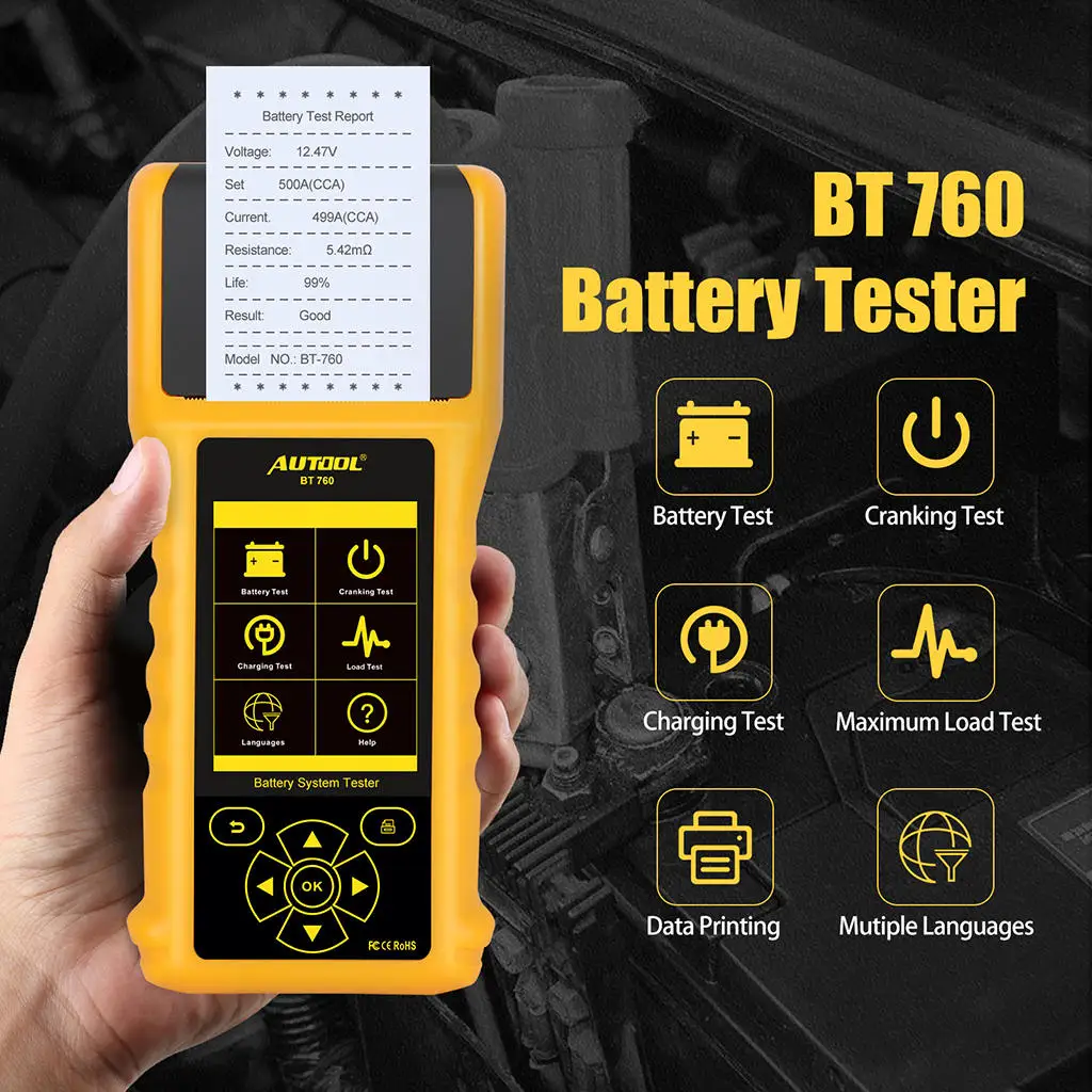 

BT760 Car Portable Battery Tester Analyzer With Printer 12V Multi-language Quick Cranking Charging Battery Test Diagnostic Tool