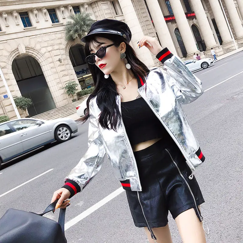 

Women's Leather Jackets Coat Gold Silver Zipper Pocket Cool Girl Autumn Short Outerwear Baseball Uniform Fashion Female Clothed