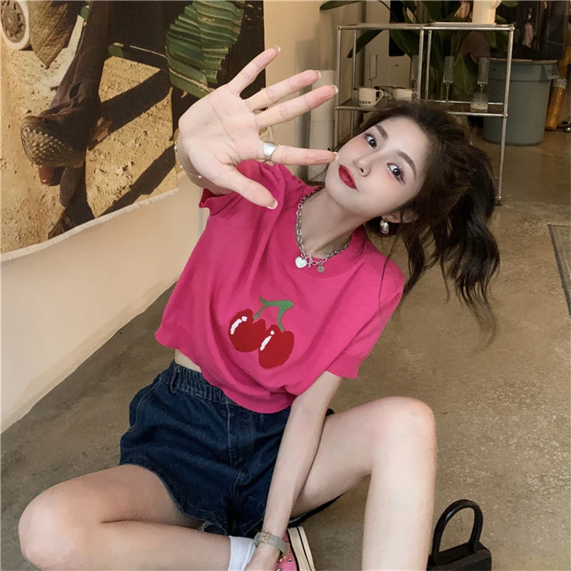 

2021 Fall Winter Fashion Embroidered Cherry Sweater Women's Cute Knitted Long Sleeve Tops Kawaii Harajuku Pullover C241