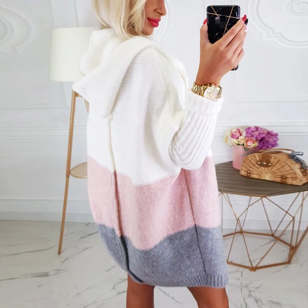 Свитер женский модный полосатый с капюшоном длинный рукав вязаный свитер