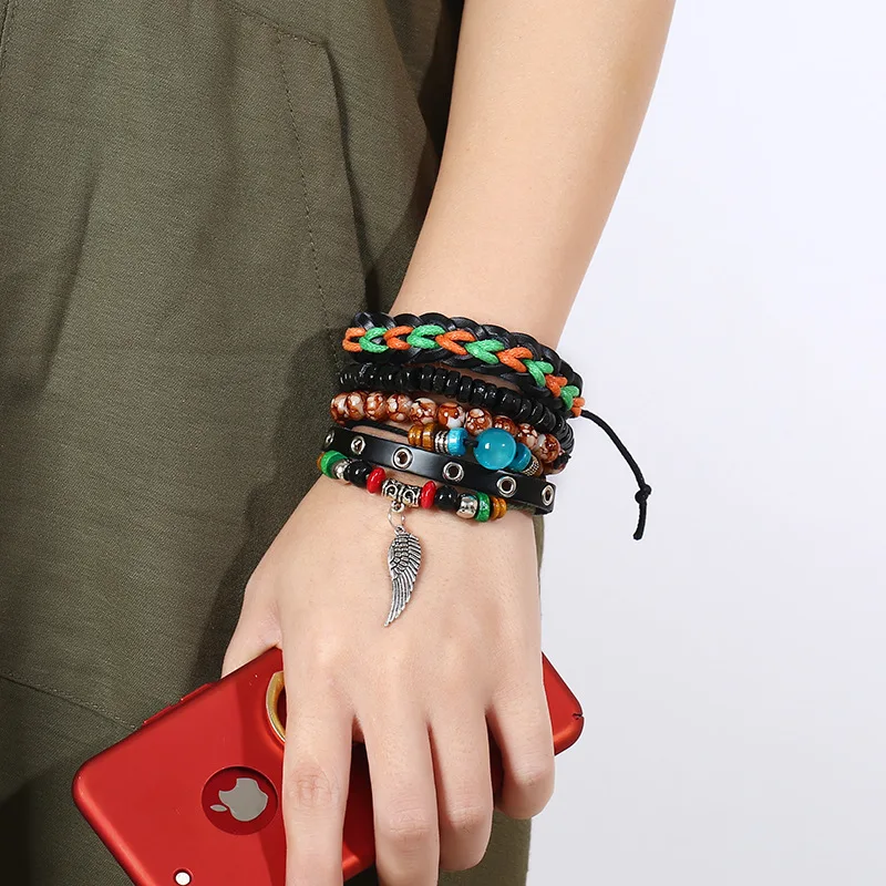4pc Multilayer Genuine Leather Bracelet Set Feather Leaf Charms Wooded Beads Bracelets for Men Women Vintage Punk Wrap Wristband | Украшения