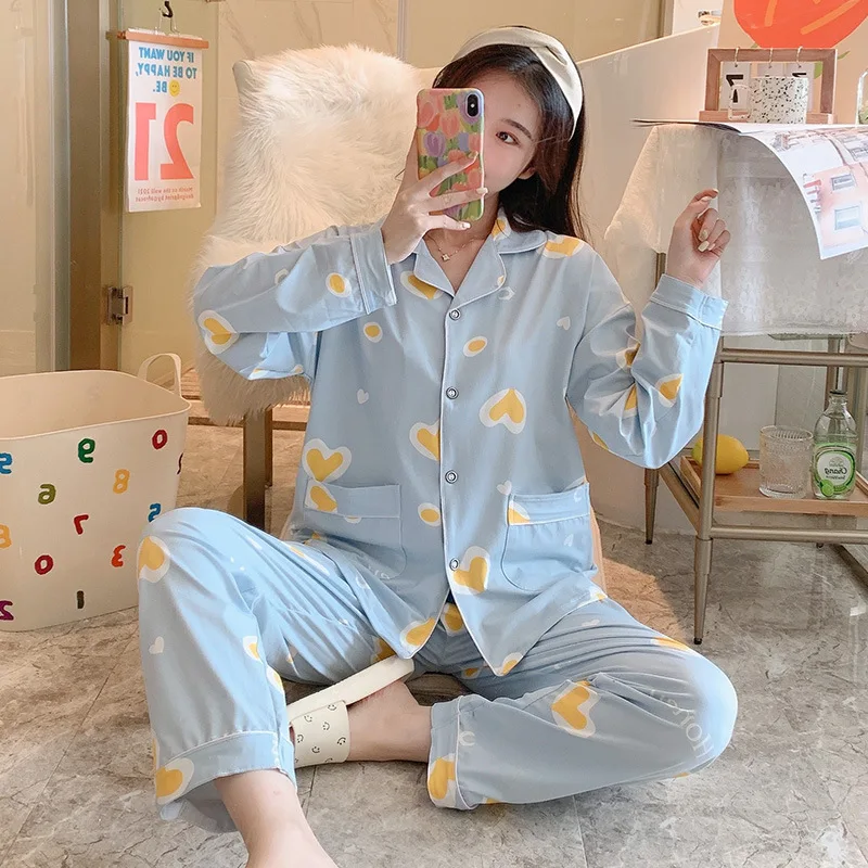 

Spring Print Heart Women Pajamas Sets 2PCS Sexy Suit Pyjamas Cotton Turn-Down Collar Sleepwear Nightwear Lounge Home Clothes