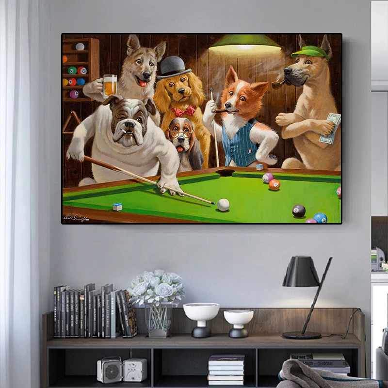

HD Art Oil Painting Funny Dog Playing Billiards Canvas Oil Painting Posters and Prints Family Living Room Wall Decoration