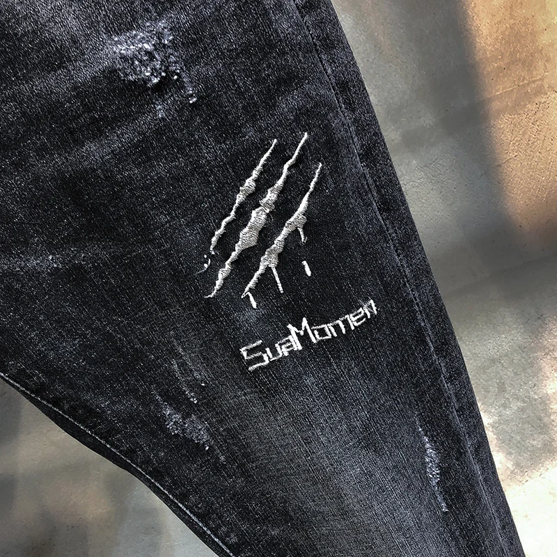 Обтягивающие джинсы мужские темно серые весенние и осенние эластичные Вышитые