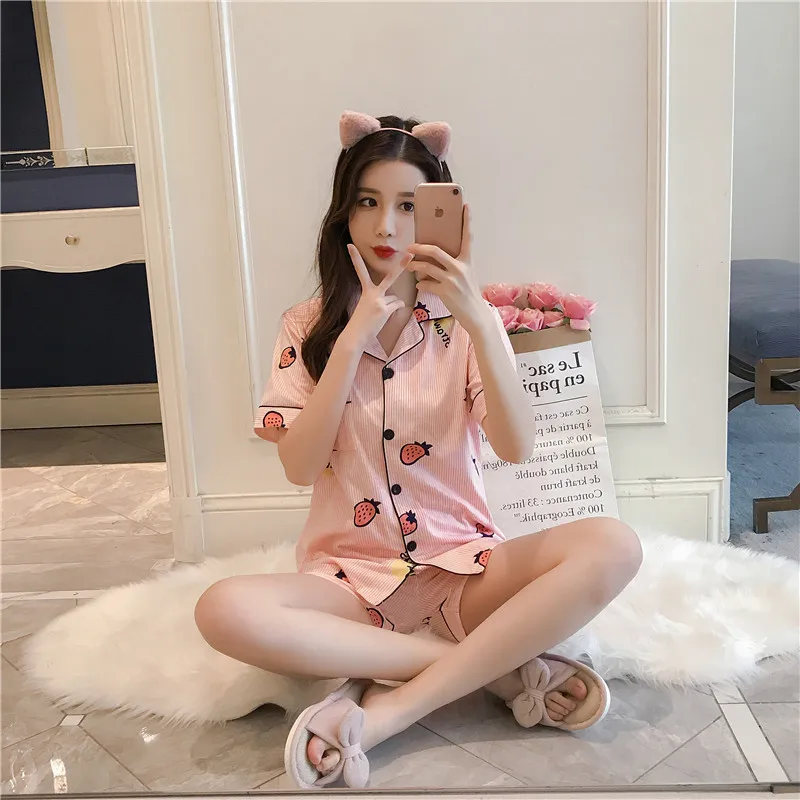 Пижамы с рисунком из мультфильмов хлопковый кардиган свитер Клубничные шорты leeve