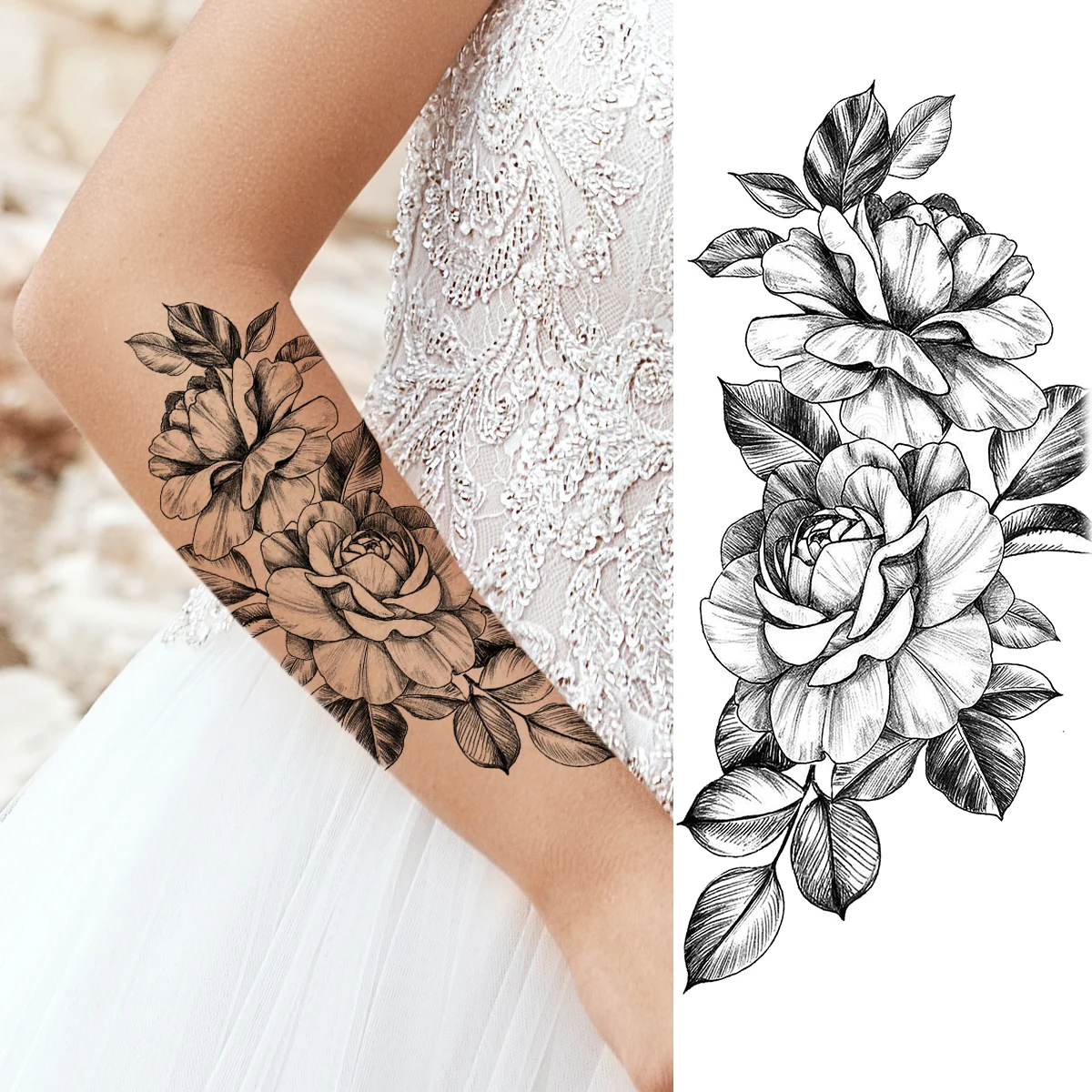 Realistic Rose Flower Fashion Arm Temporary Tattoos For Women Adult Peony Dahlia Butterfly Fake Tattoo Body Art Washable Tatoos | Красота и