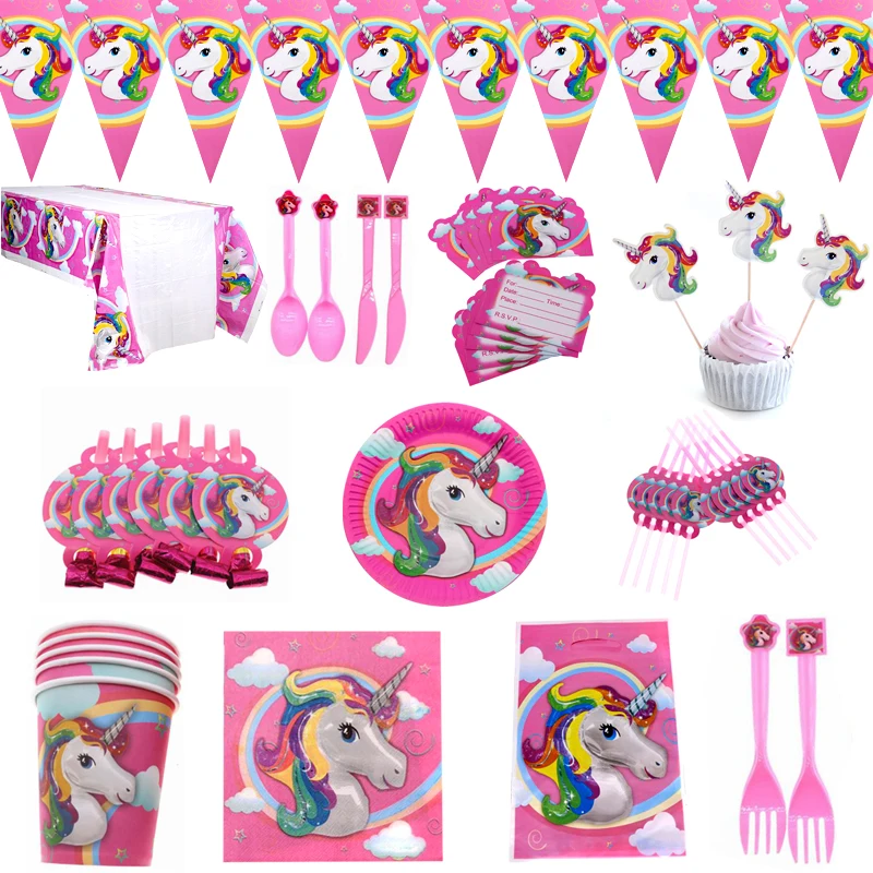 

147pcs/lot Birthday Party Cake Toppers Unicorn Spoons Plates Banner Cups Flags Napkins Decorations Straws Baby Shower Tablecloth