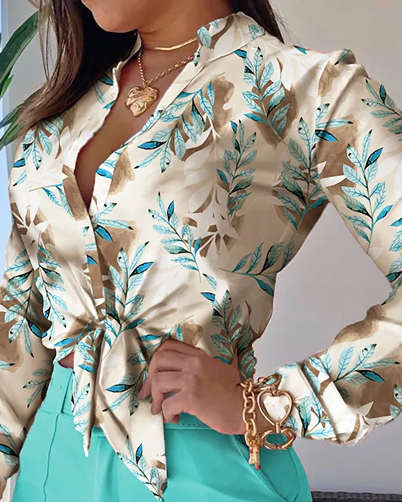 

Plants Tropical Print Long Sleeve Tie Front Crop Top Blouses