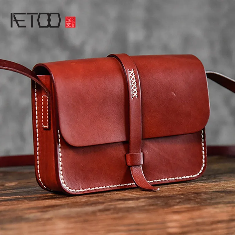 AETOO New top layer cowhide art girl shoulder bag vegetable tanned leather simple small square Japanese handmade | Багаж и сумки