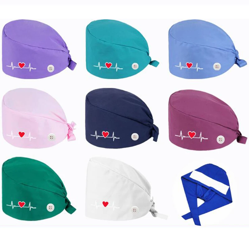 

Unisex Scrubs Hats with Button Women Men Heart Printed Reuseable Casual Hats Bandage Adjustable Caps Washable Working Caps