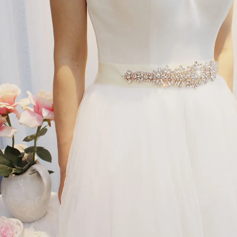 SLBRIDAL розовое золото кристалл свадебный пояс атласные Стразы вечернее платье для