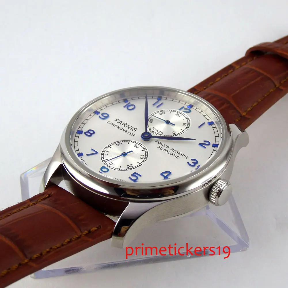 Мужские часы PARNIS с серебристым белым циферблатом и коричневым кожаным ремешком 43