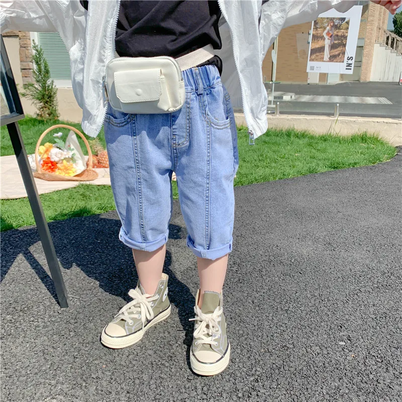 

Корейский стиль унисекс в стиле пэчворк с карманами длиной до середины икры джинсовые штаны От 2 до 7 лет Детская одежда повседневные брюки у...