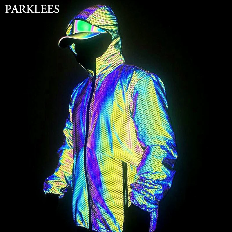 

2020 New Fish Scales Colorful Reflective Hooded Jacket Men Women Glow Rainbow Fluorescent Clothing for Running Dancing Joggers