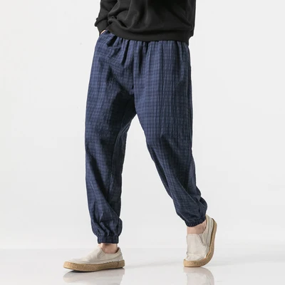 Autumn New Casual Pants Men Cotton Linen Slim Fit Grid Fashion Trousers Male Brand Clothing Plus Size 5XL Y1864 - Цвет: Drak blue