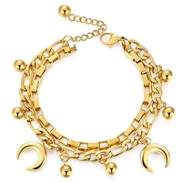 new fashion stainless steel crescent moon charm bracelet double layer gold color figaro chain bracelets for men women jewelry