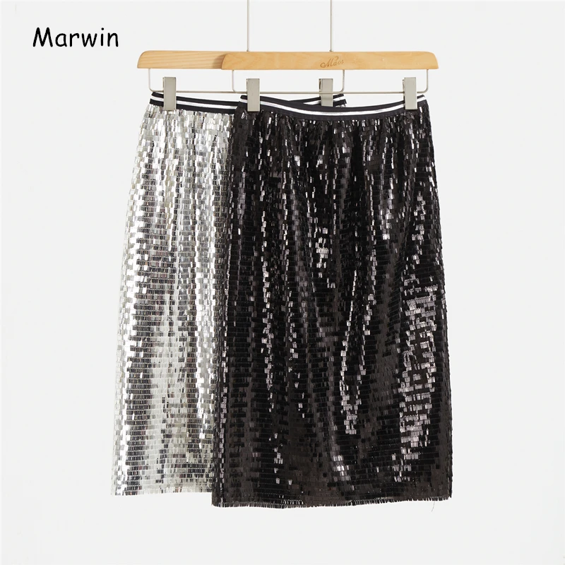 

Marwin 2020 New-Coming Spring Solid Sequined Straight Mid-Calf Empire High Street Style Women Skirts Party Holiday Skirts