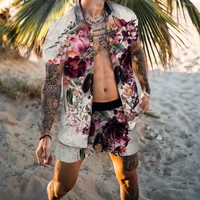 summer mens new hawaiian print style fashion trend beach shirt suit loose casual thin sleeved top shirt shorts two pieces set