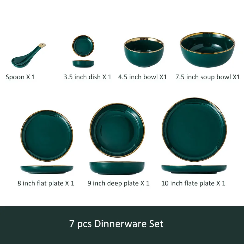 7 pcs set Роскошные тарелки и миски блюдо обеденная ложка набор с Глод обода керамический салат Ramen миска ГЛУБОКАЯ ТАРЕЛКА посуда зеленая столовая посуда - Цвет: 7 pcs set